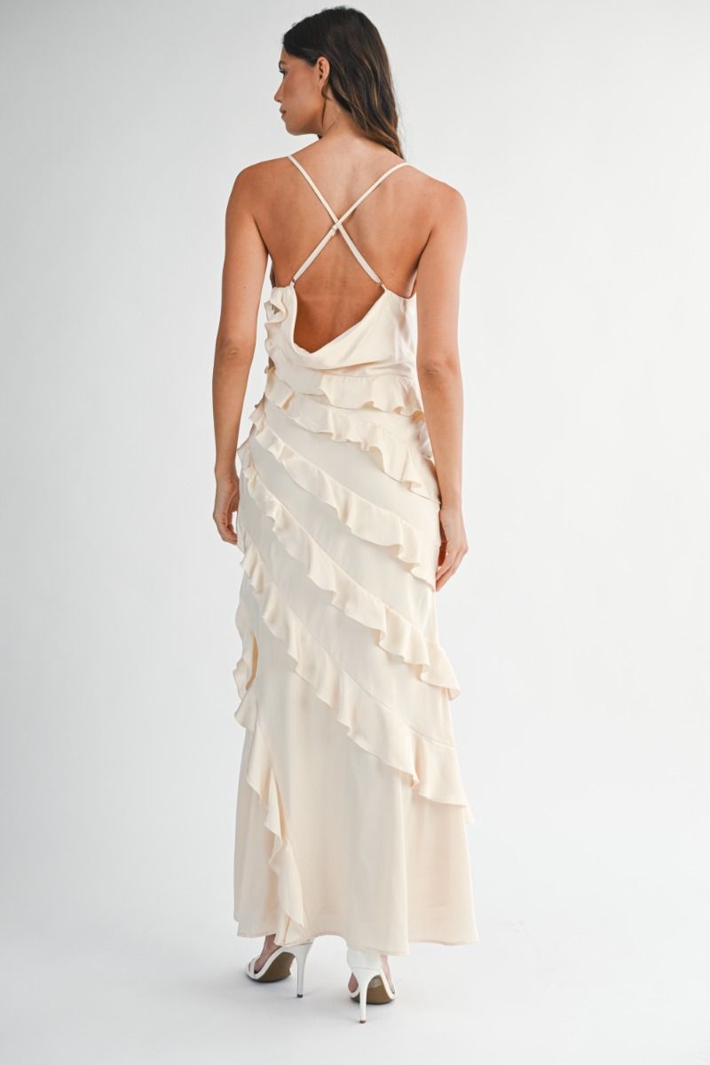 IVORY SATIN RUFFLE MAXI DRESS