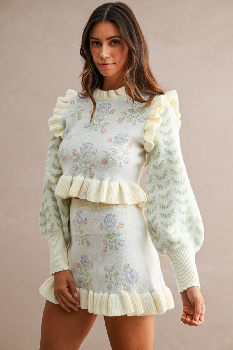 FLORAL RUFFLE KNIT MINI SKIRT SET