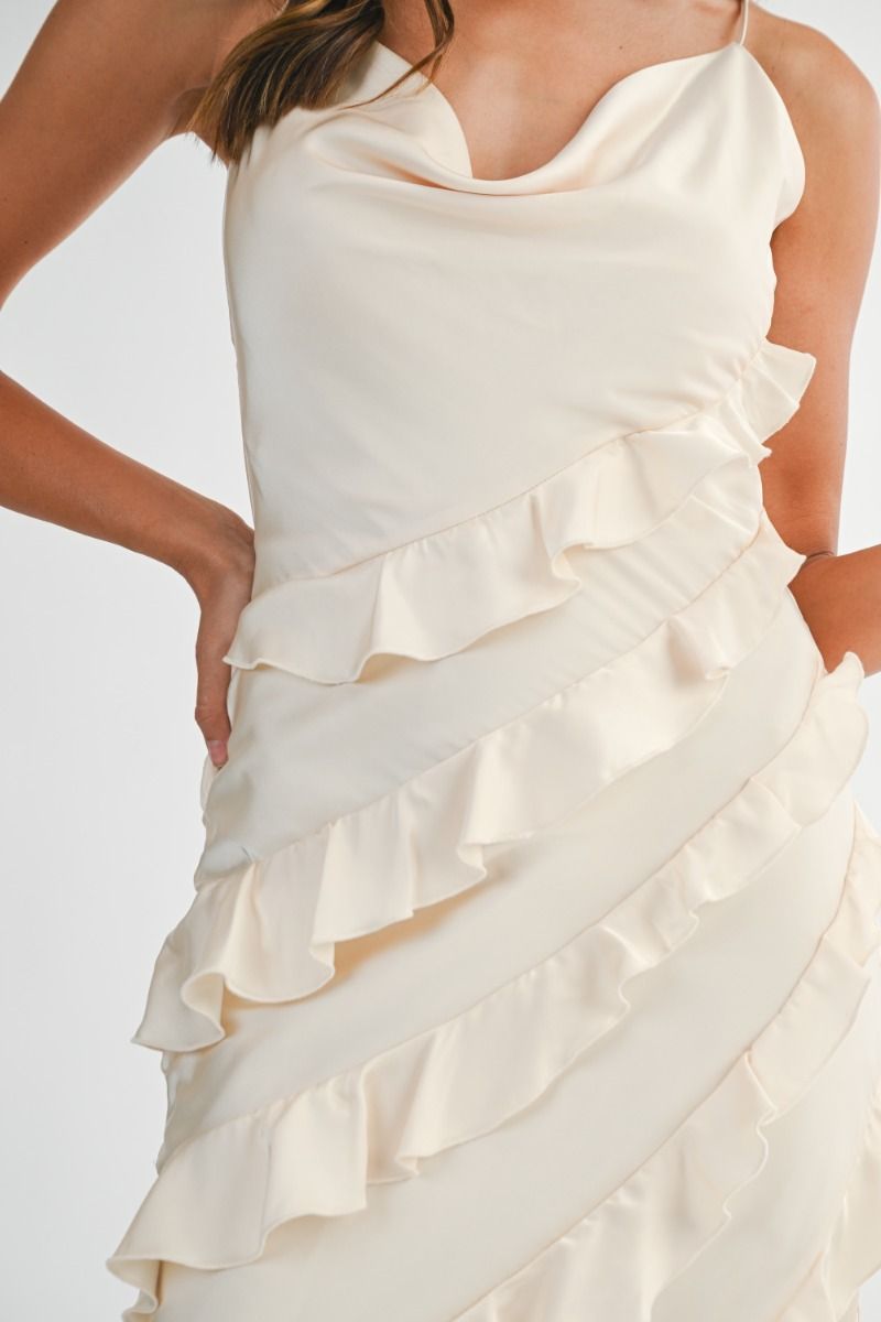 IVORY SATIN RUFFLE MAXI DRESS