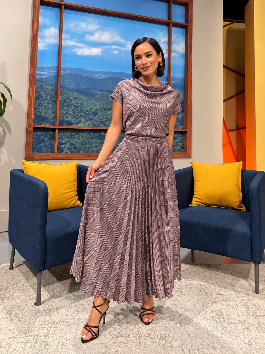 PLAID COWL NECK PLEATED MAXI DRESS