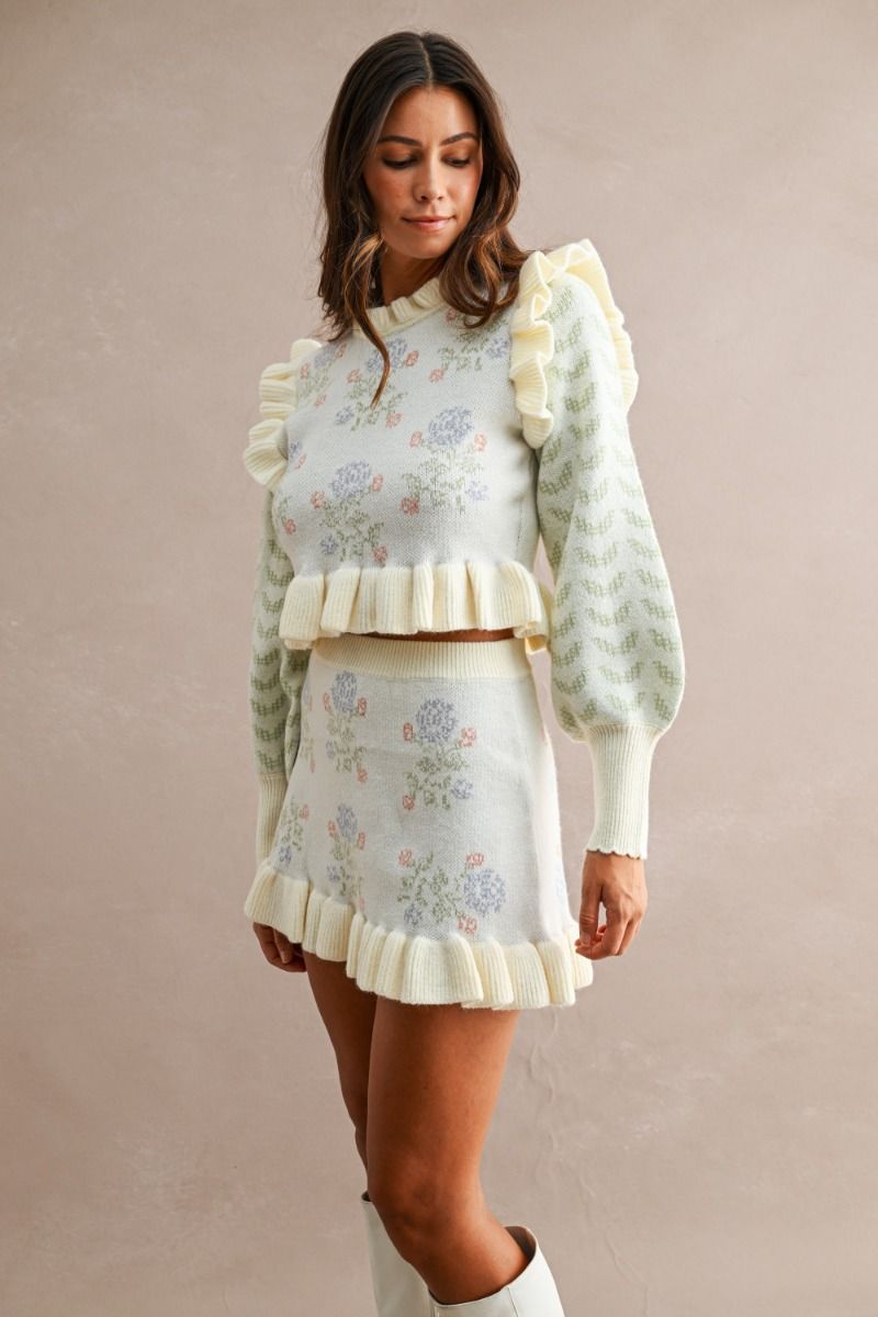 FLORAL RUFFLE KNIT MINI SKIRT SET