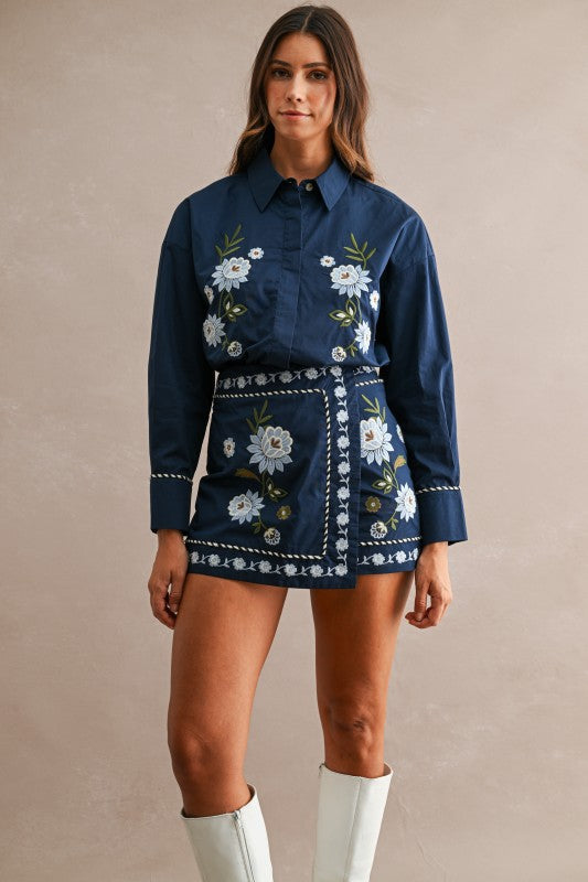 NAVY FLORAL EMBROIDERED SHIRT & WRAP MINI SKIRT SET