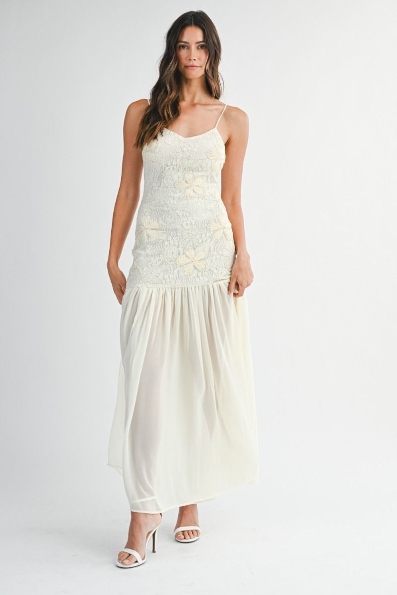 IVORY BLOSSOM PLEATED RUFFLE DRESS
