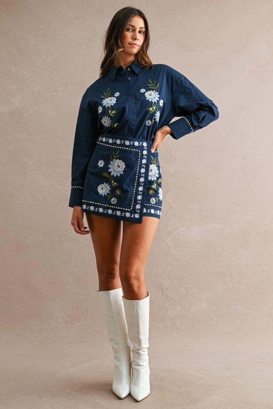 NAVY FLORAL EMBROIDERED SHIRT & WRAP MINI SKIRT SET