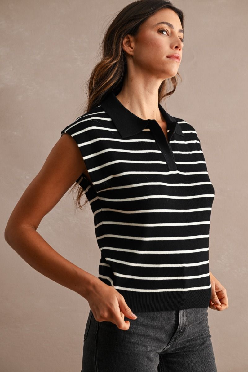 STRIPED SLEEVELESS KNIT POLO TOP