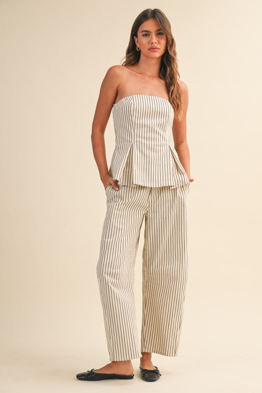 STRIPED STRAPLESS PEPLUM PANTS SET