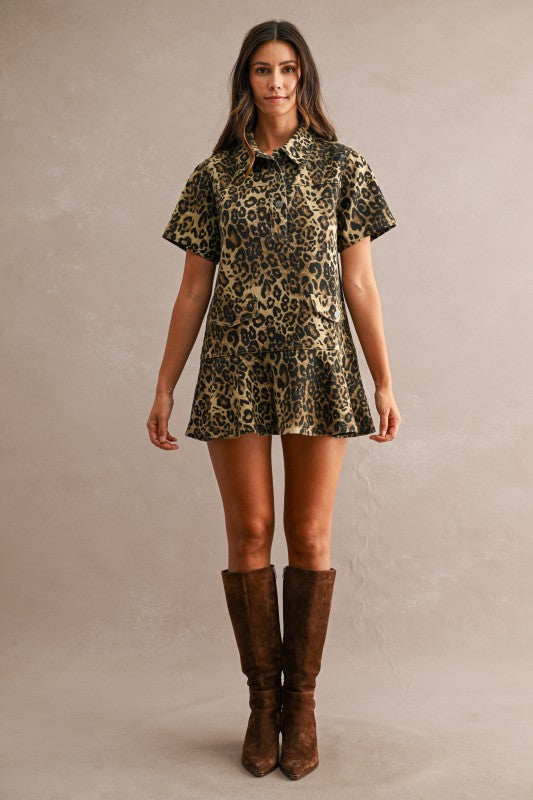 LEOPARD DENIM FLOUNCE MINI DRESS