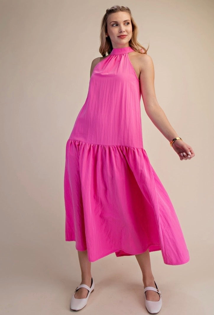 PINK HALTER MIDI DRESS
