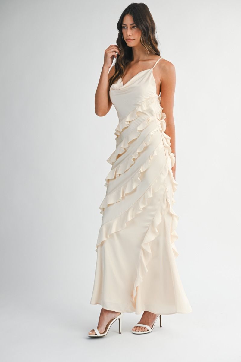 IVORY SATIN RUFFLE MAXI DRESS
