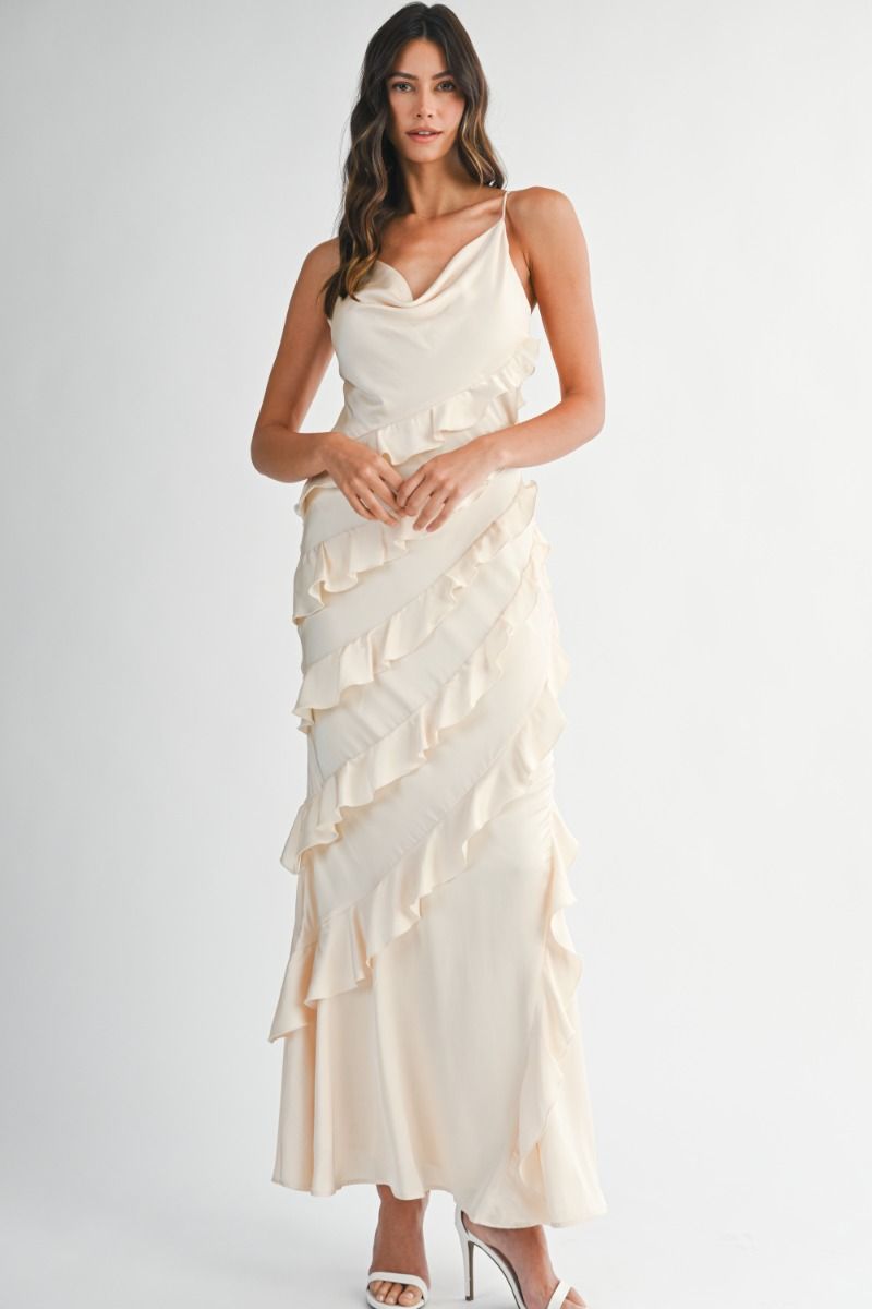 IVORY SATIN RUFFLE MAXI DRESS