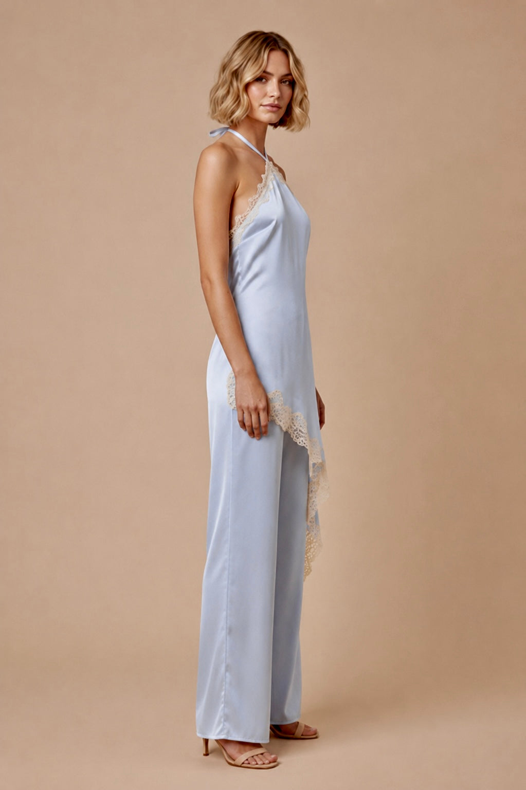 SATIN LACE HALTER JUMPSUIT