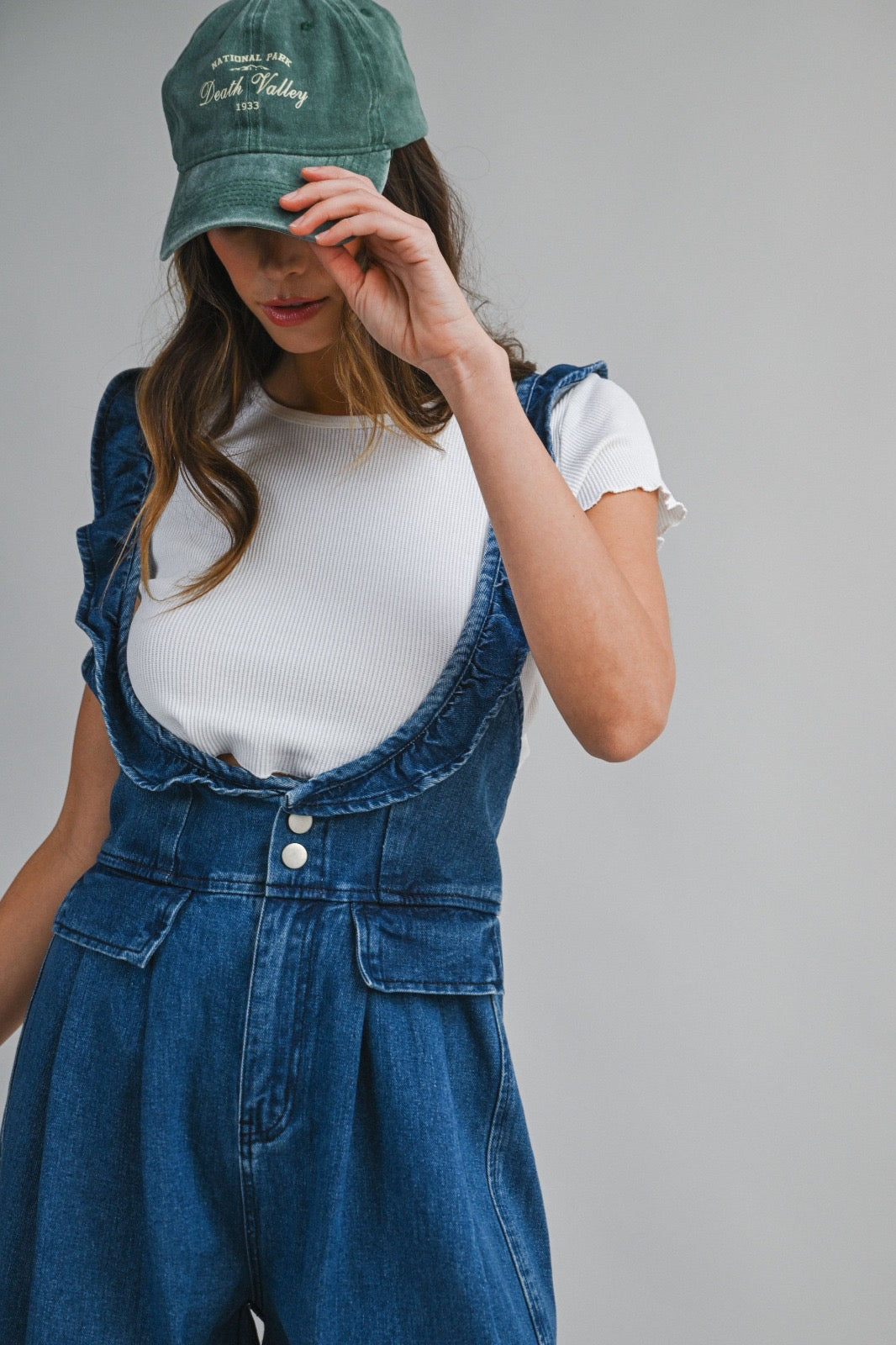 DENIM RUFFLE OVERALLS