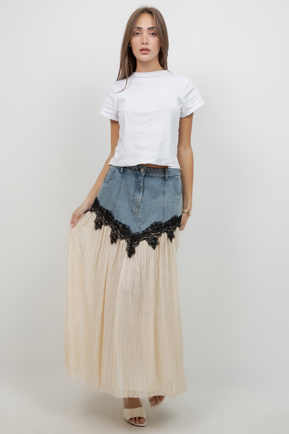 DENIM LACE MIDI SKIRT