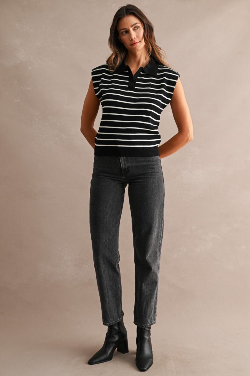 STRIPED SLEEVELESS KNIT POLO TOP