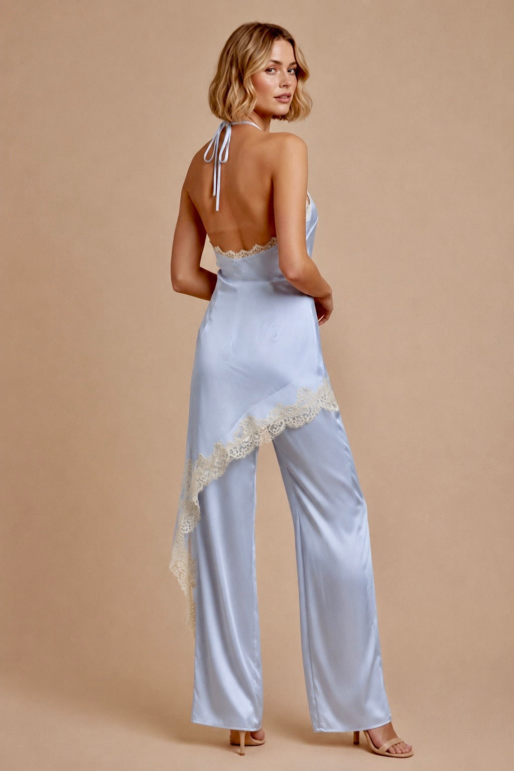 SATIN LACE HALTER JUMPSUIT