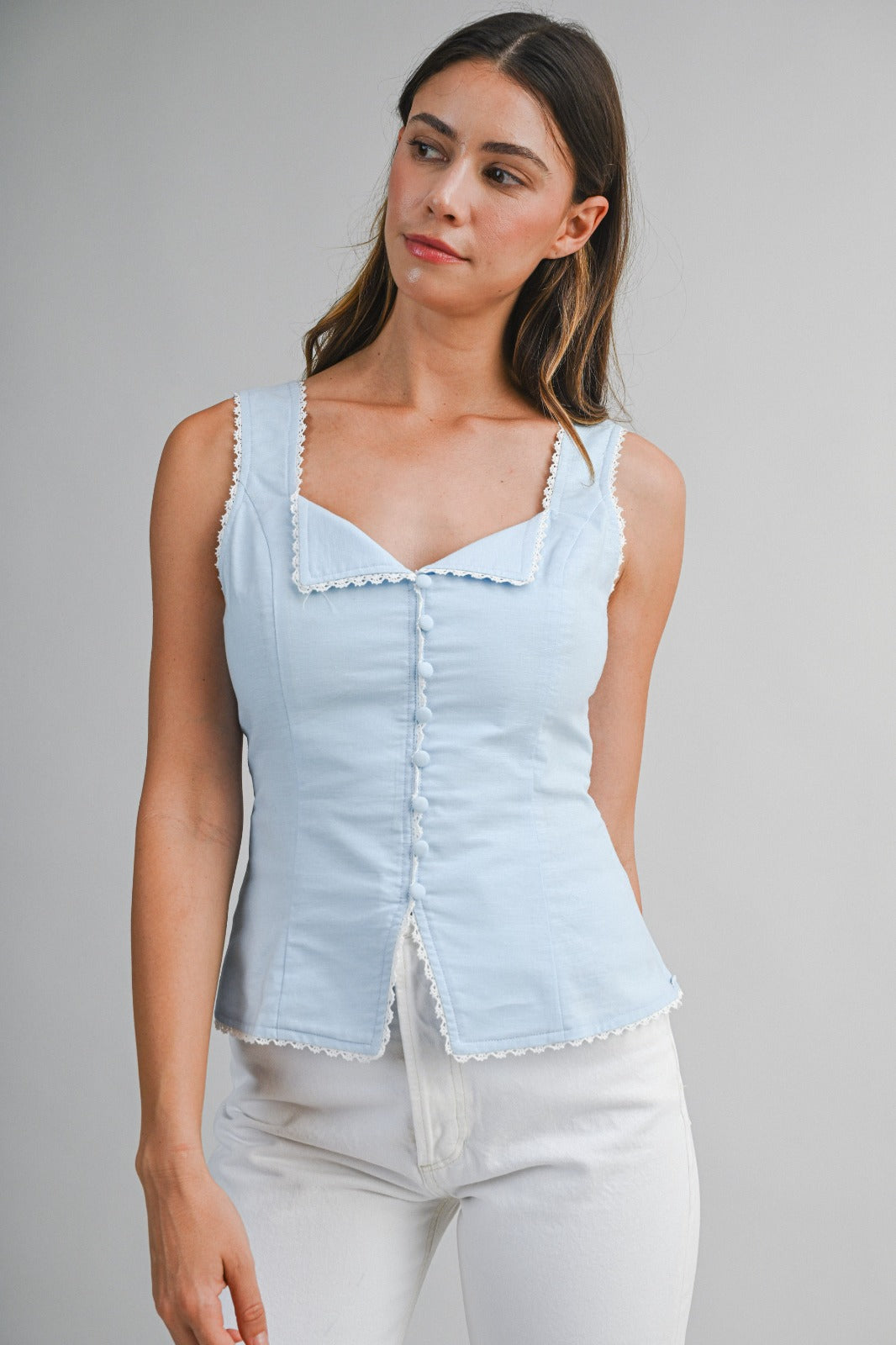 LIGHT BLUE LACE TRIM BUTTON TOP