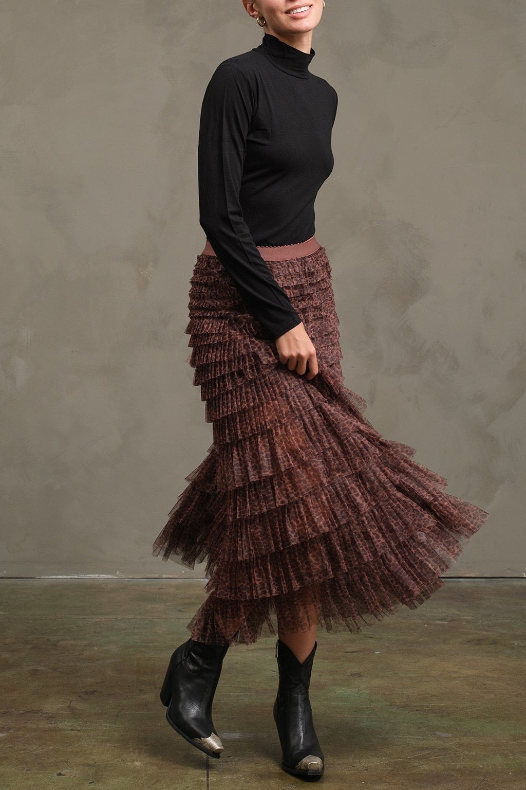 LEOPARD TULLE TIERED MAXI SKIRT