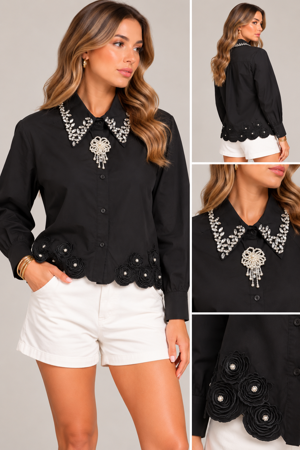 EMBELLISHED COLLAR SCALLOPED HEM SHIRT