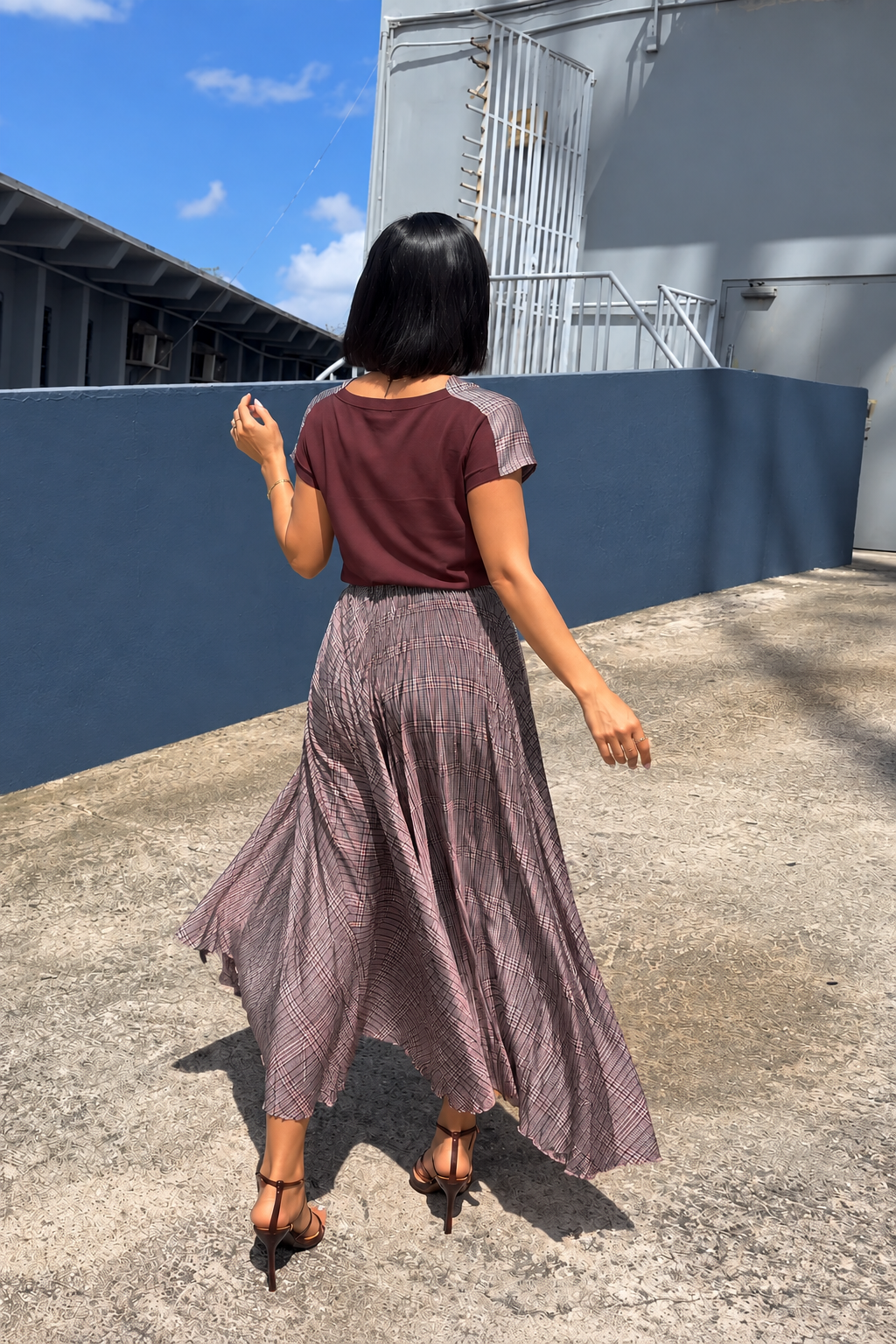 PLAID COWL NECK PLEATED MAXI DRESS