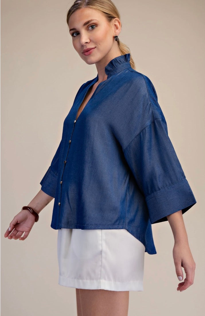 INDIGO RUFFLE BLOUSE