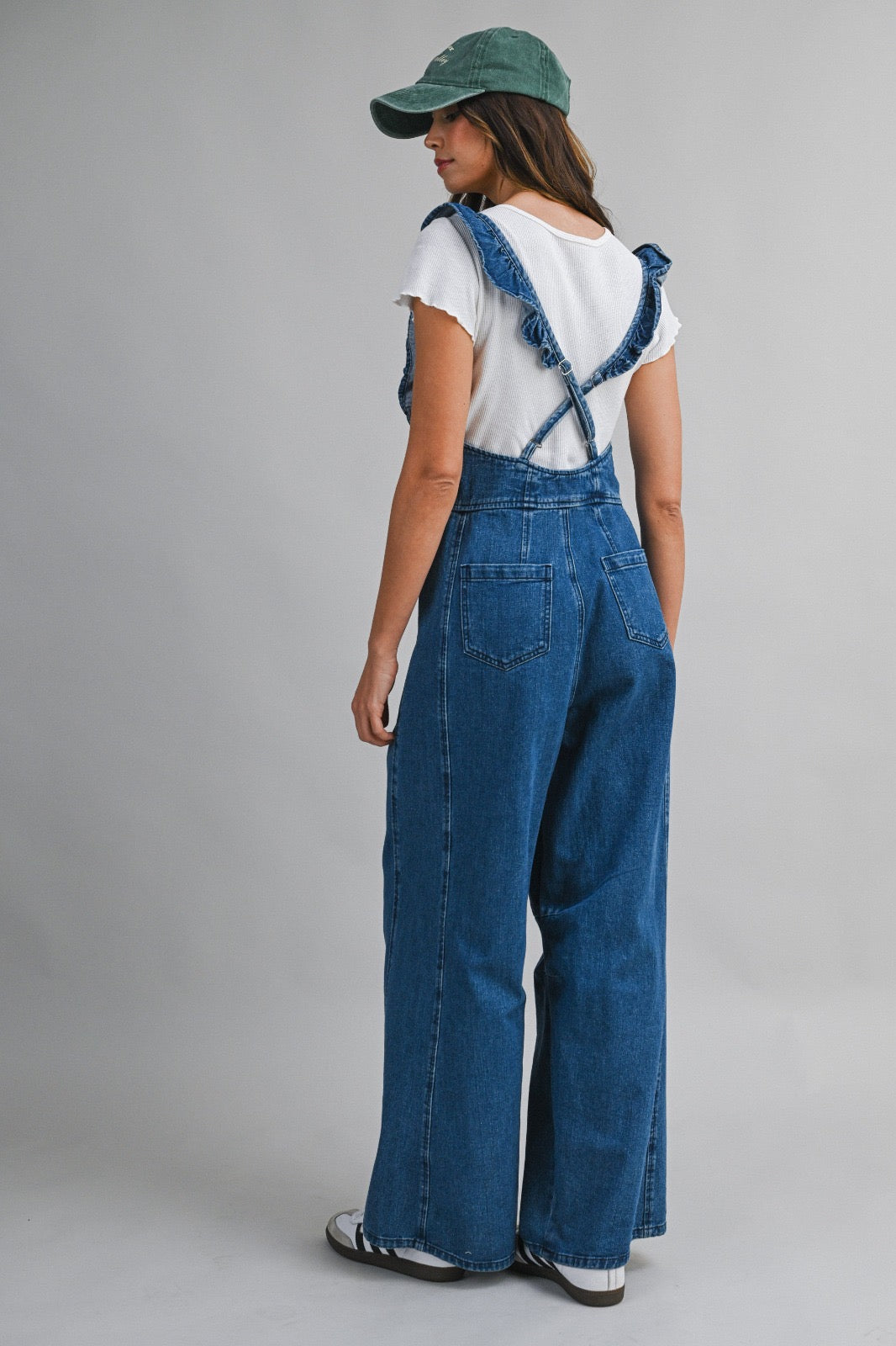 DENIM RUFFLE OVERALLS