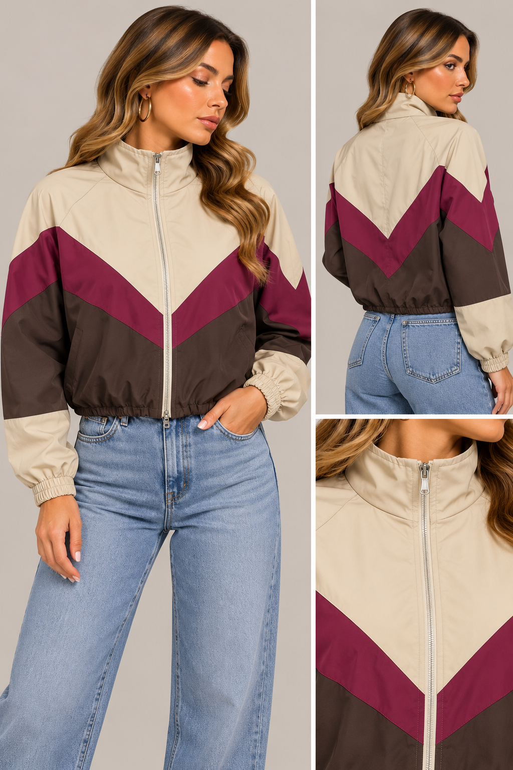 BEIGE & BURGUNDY CHEVRON COLOR BLOCK CROPPED JACKET