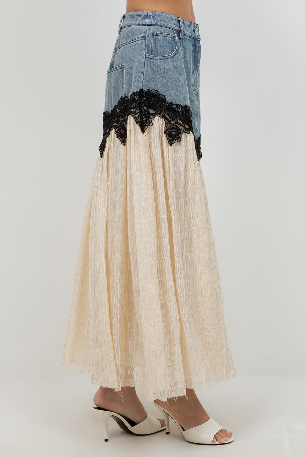 DENIM LACE MIDI SKIRT