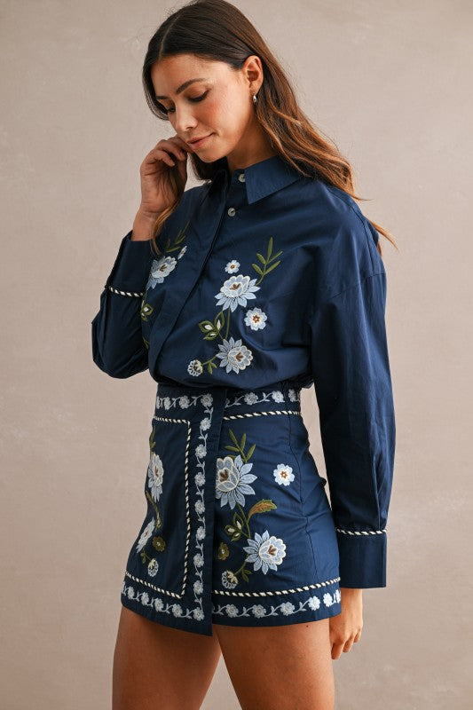 NAVY FLORAL EMBROIDERED SHIRT & WRAP MINI SKIRT SET