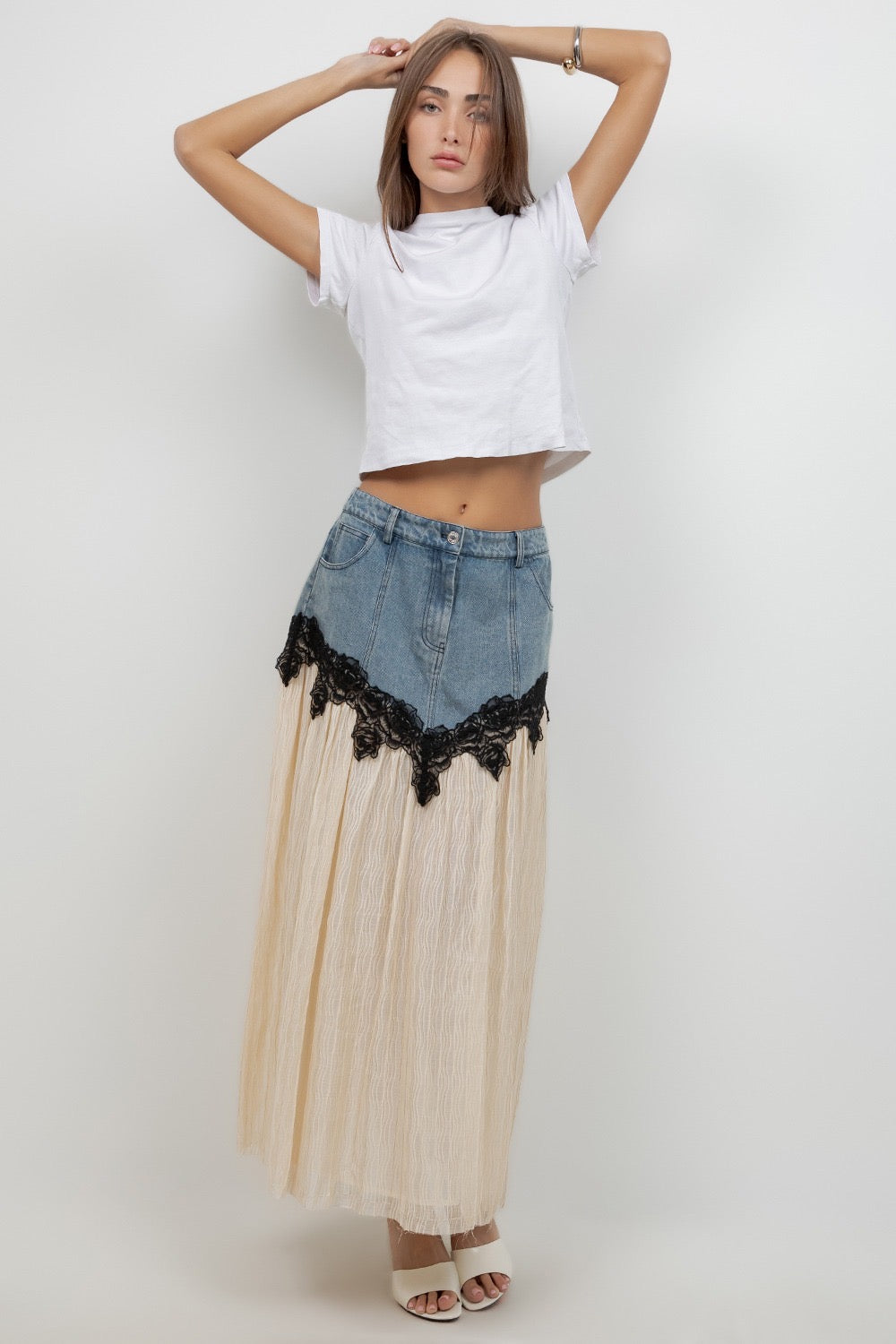 DENIM LACE MIDI SKIRT