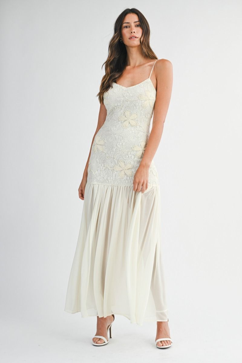 IVORY BLOSSOM PLEATED RUFFLE DRESS