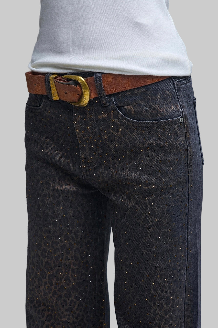BLACK LEOPARD JEANS STRASS