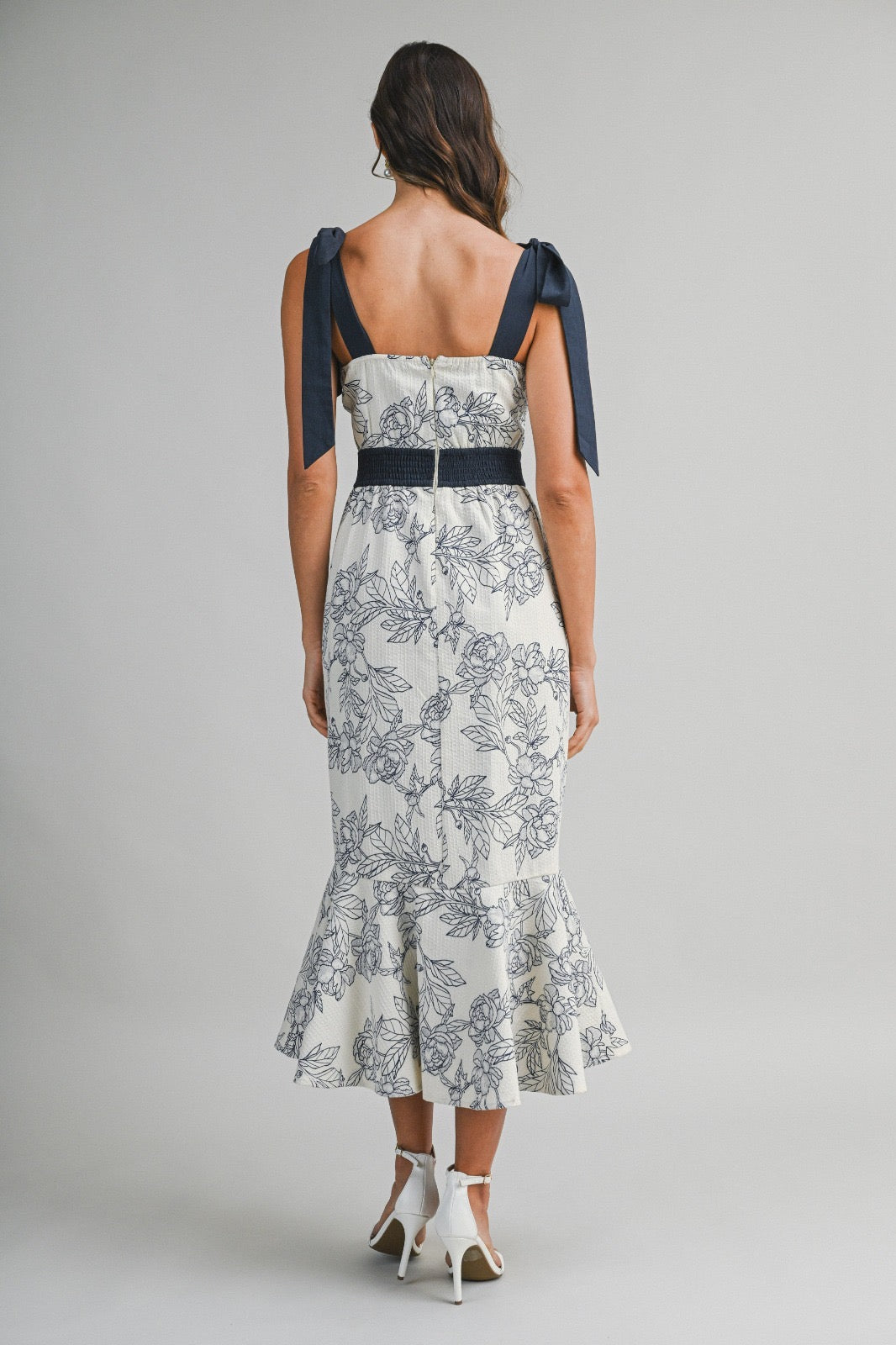 IVORY JACQUARD BOW SHOULDER MIDI DRESS