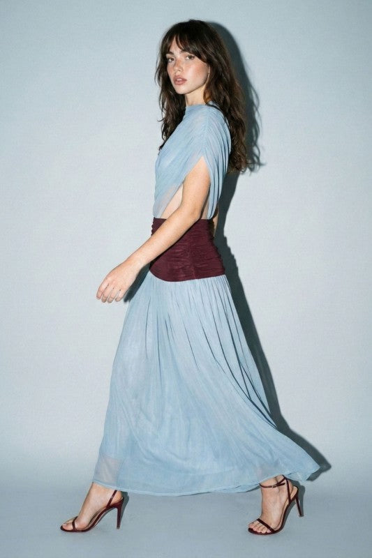 COLOR BLOCK RUCHED MAXI DRESS