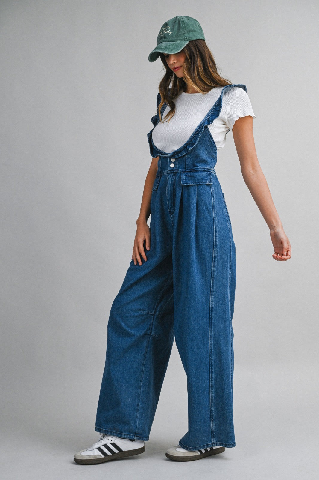DENIM RUFFLE OVERALLS