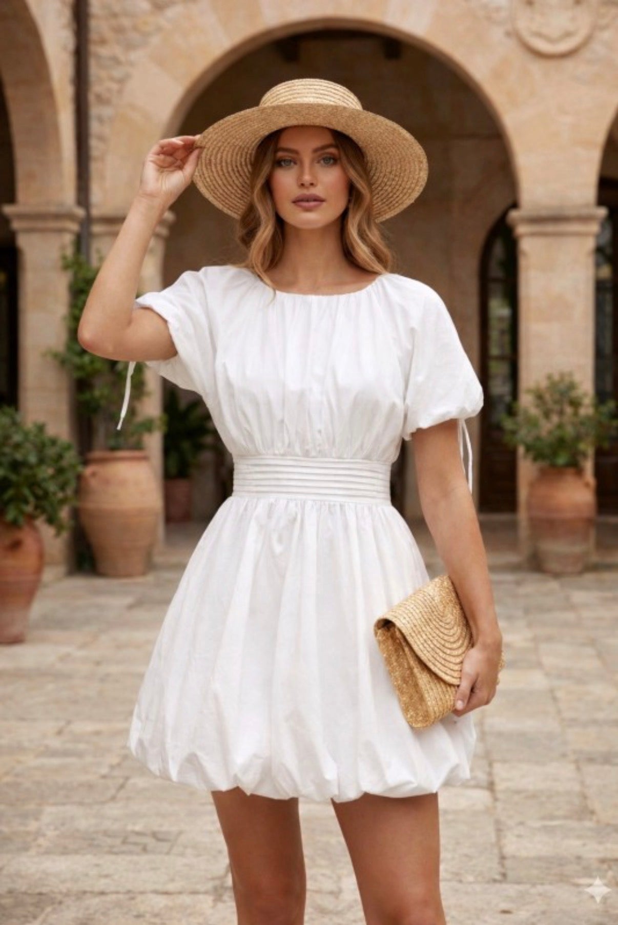MINIVESTIDO BLANCO DE VERANO CON MANGAS ABULLONADAS