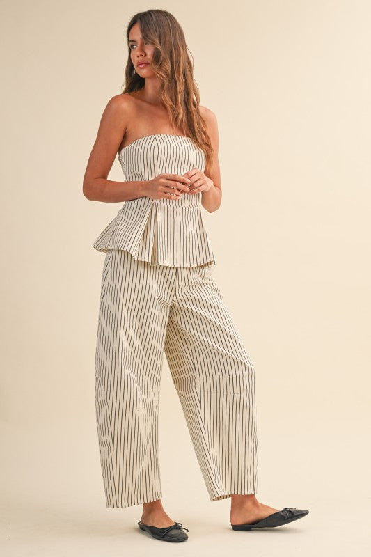 STRIPED STRAPLESS PEPLUM PANTS SET