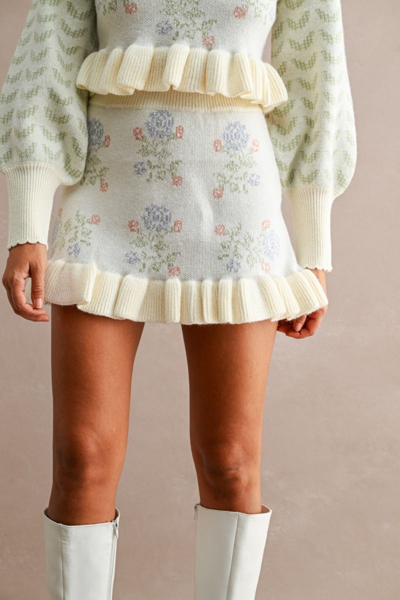 FLORAL RUFFLE KNIT MINI SKIRT SET