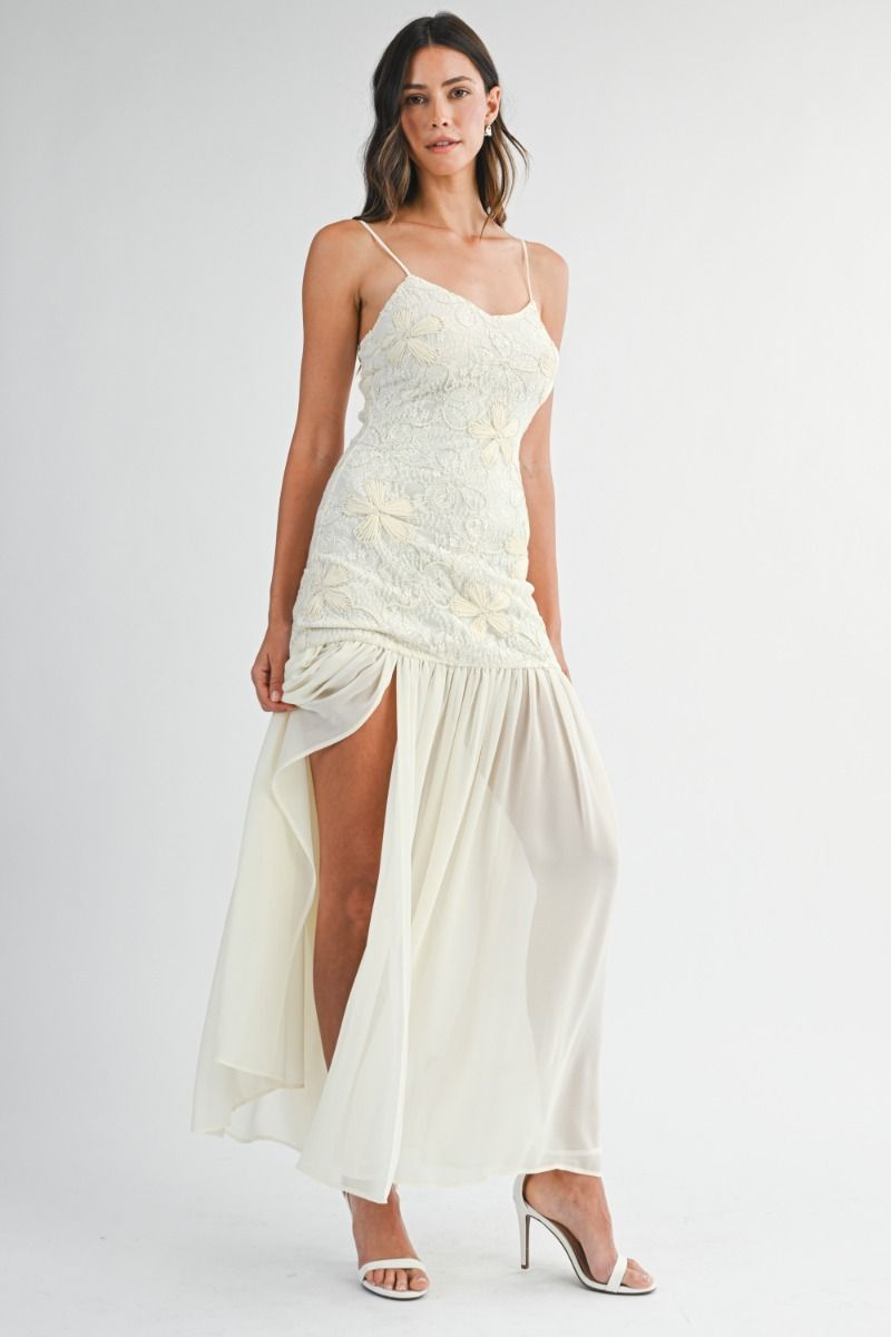 IVORY BLOSSOM PLEATED RUFFLE DRESS