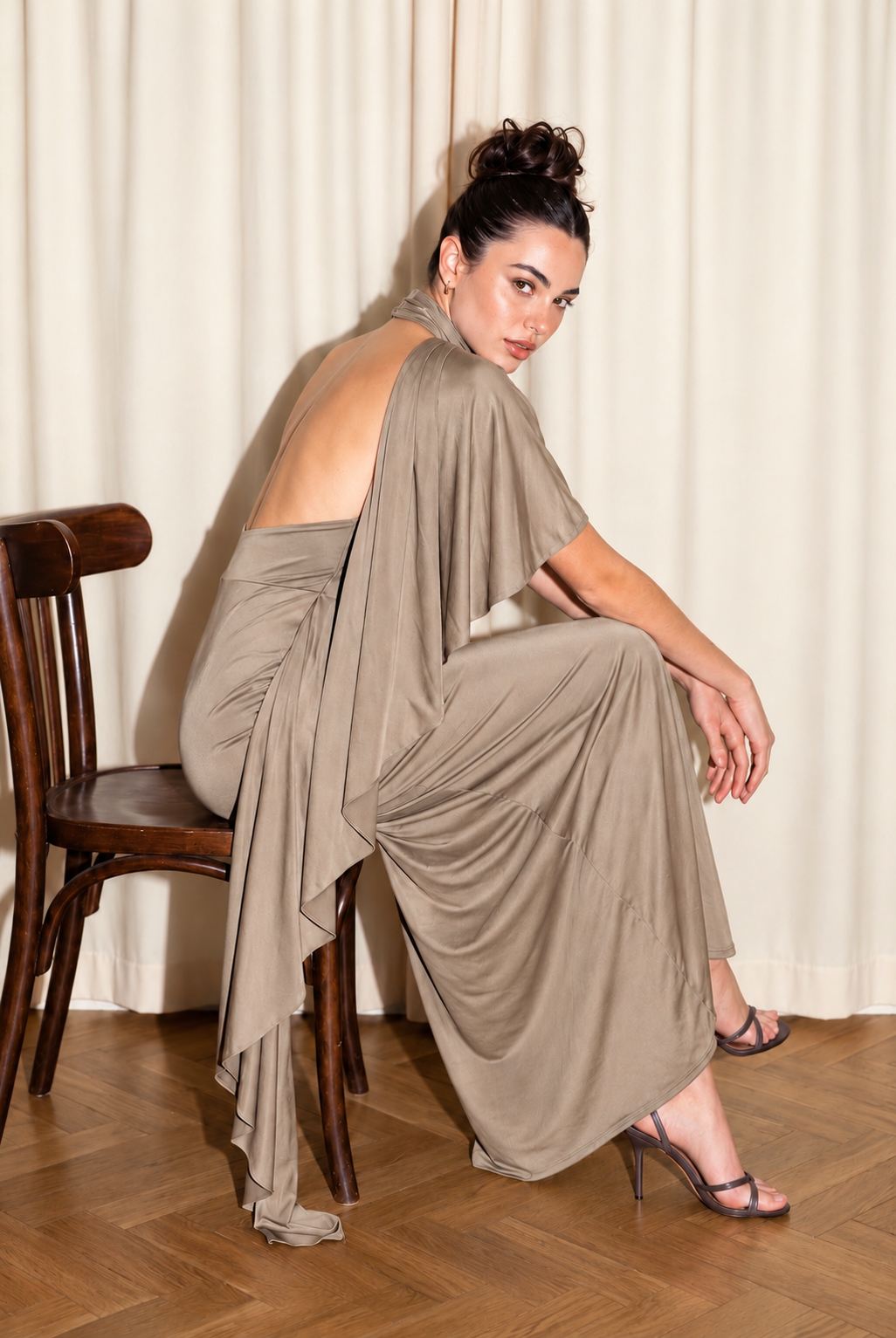 ONE SHOULDER DRAPED SATIN MAXI DRESS
