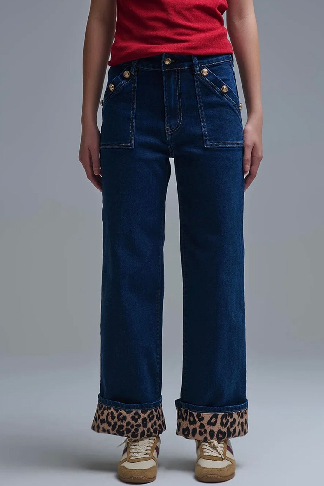 LEOPARD HEM MARINE JEANS