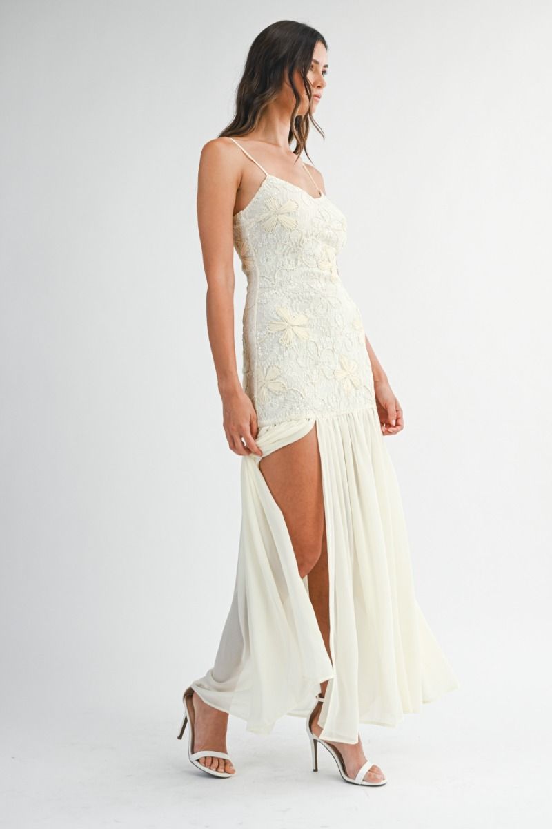 IVORY BLOSSOM PLEATED RUFFLE DRESS