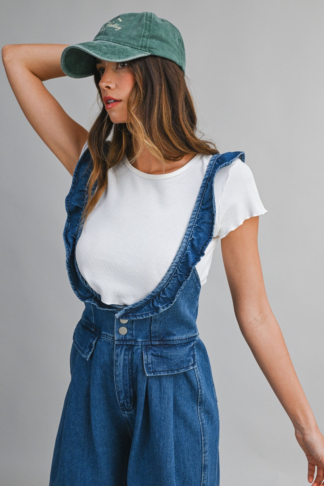 DENIM RUFFLE OVERALLS