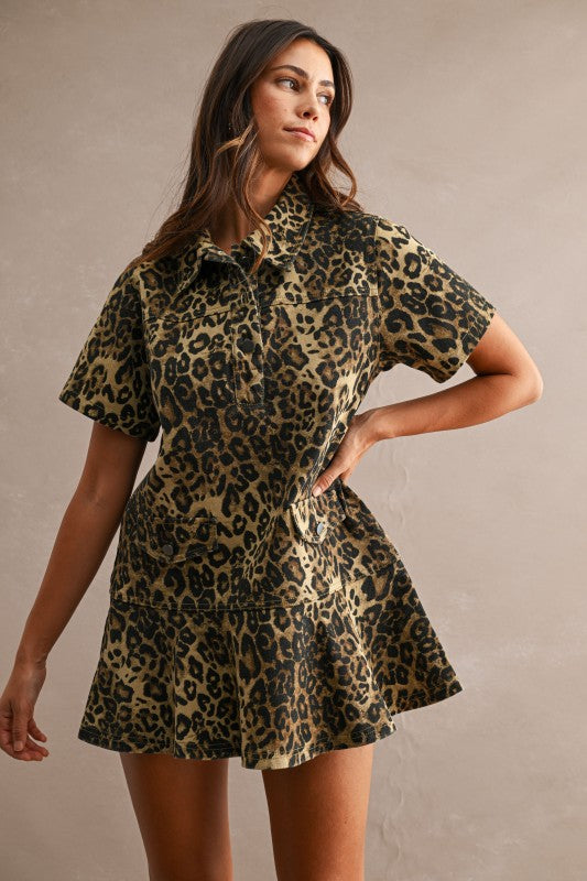 LEOPARD DENIM FLOUNCE MINI DRESS