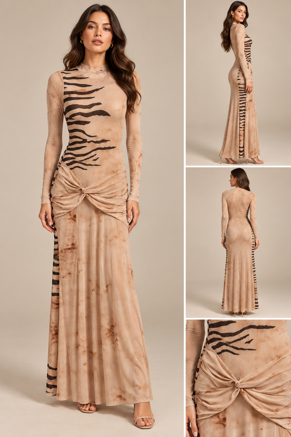 BEIGE TIGER STRIPE TWIST FRONT MAXI DRESS