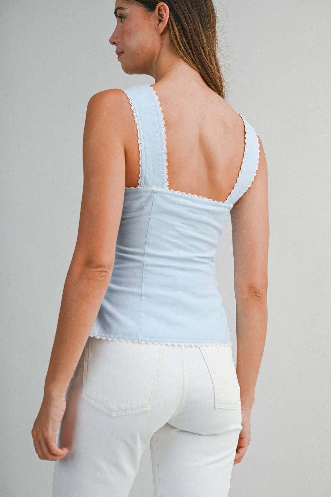 LIGHT BLUE LACE TRIM BUTTON TOP