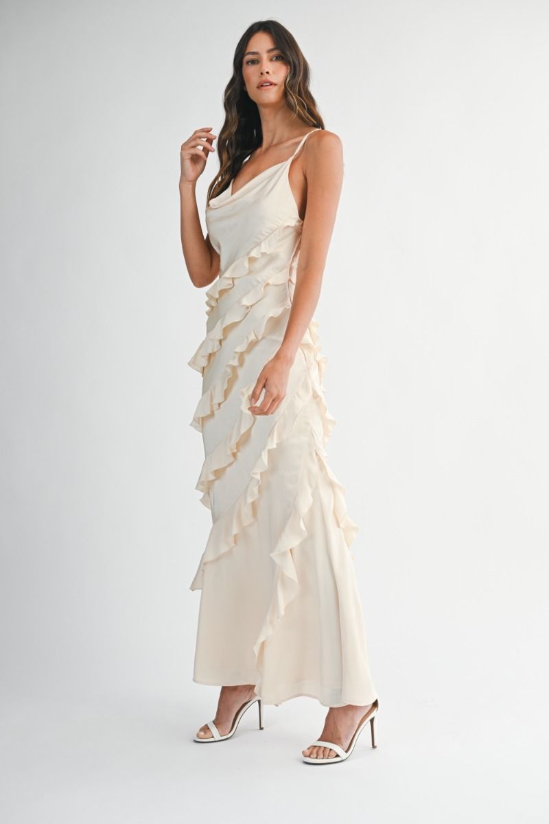 IVORY SATIN RUFFLE MAXI DRESS