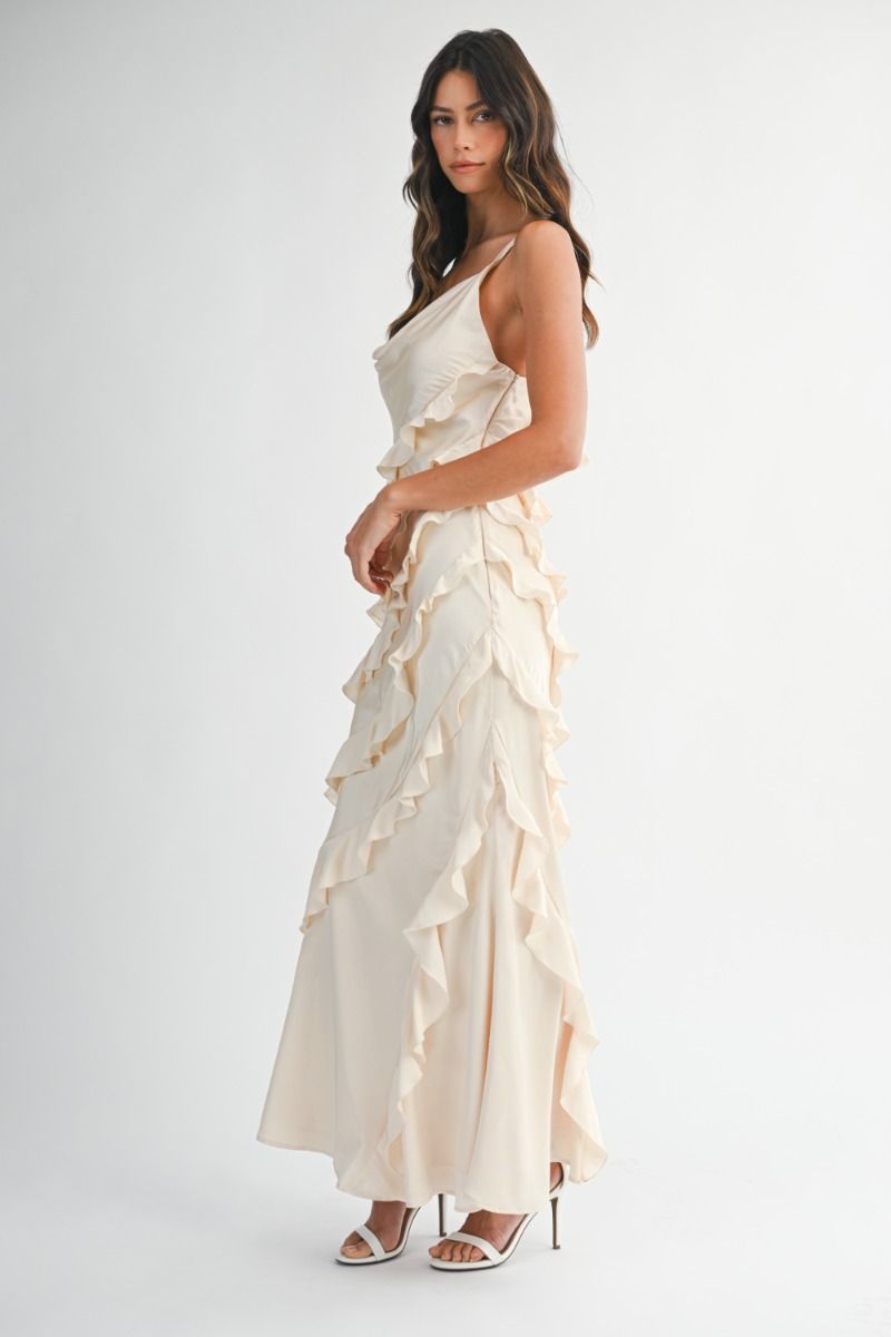 IVORY SATIN RUFFLE MAXI DRESS