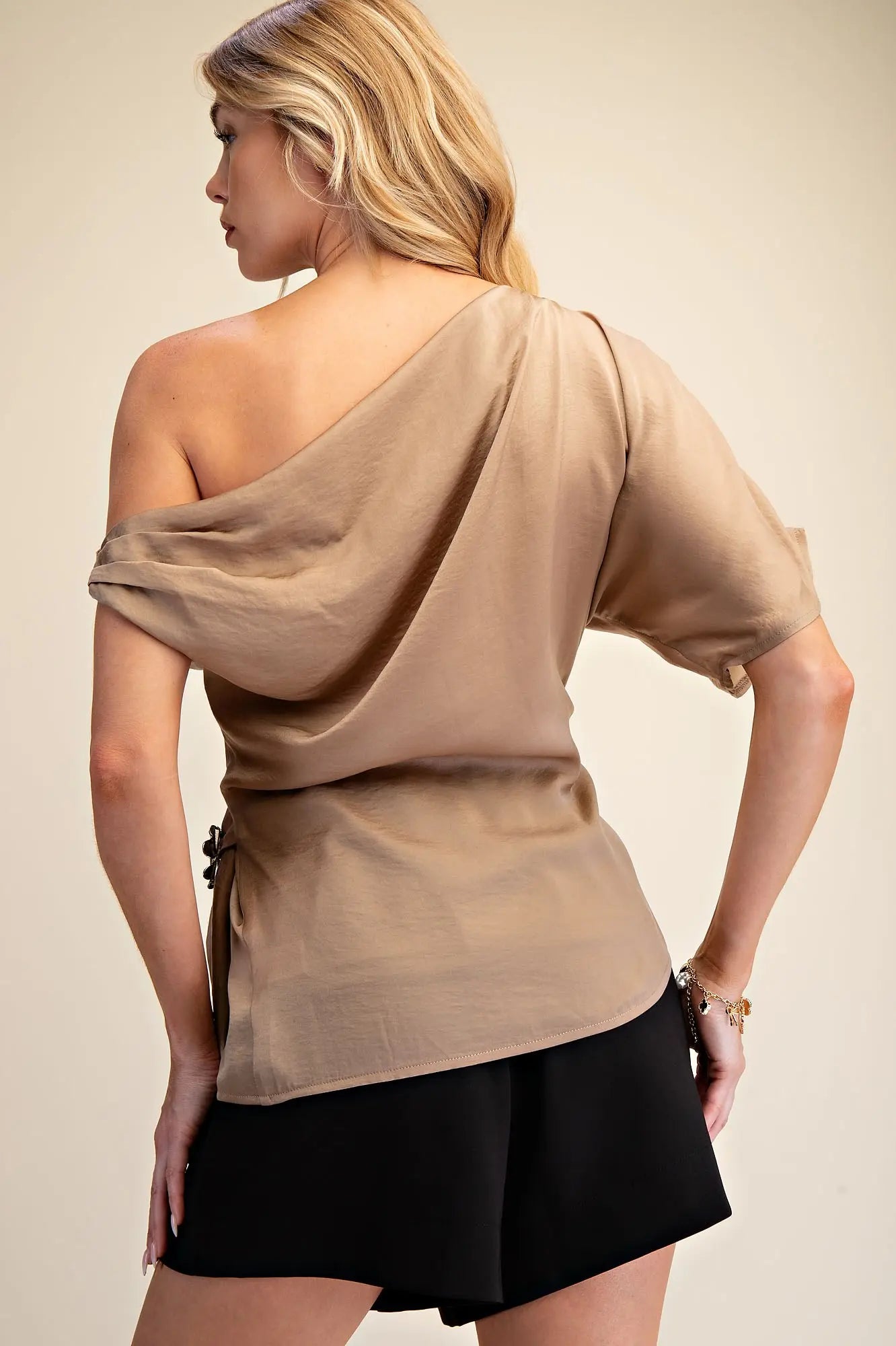 TAUPE EMBELLISHED ONE SHOULDER TOP