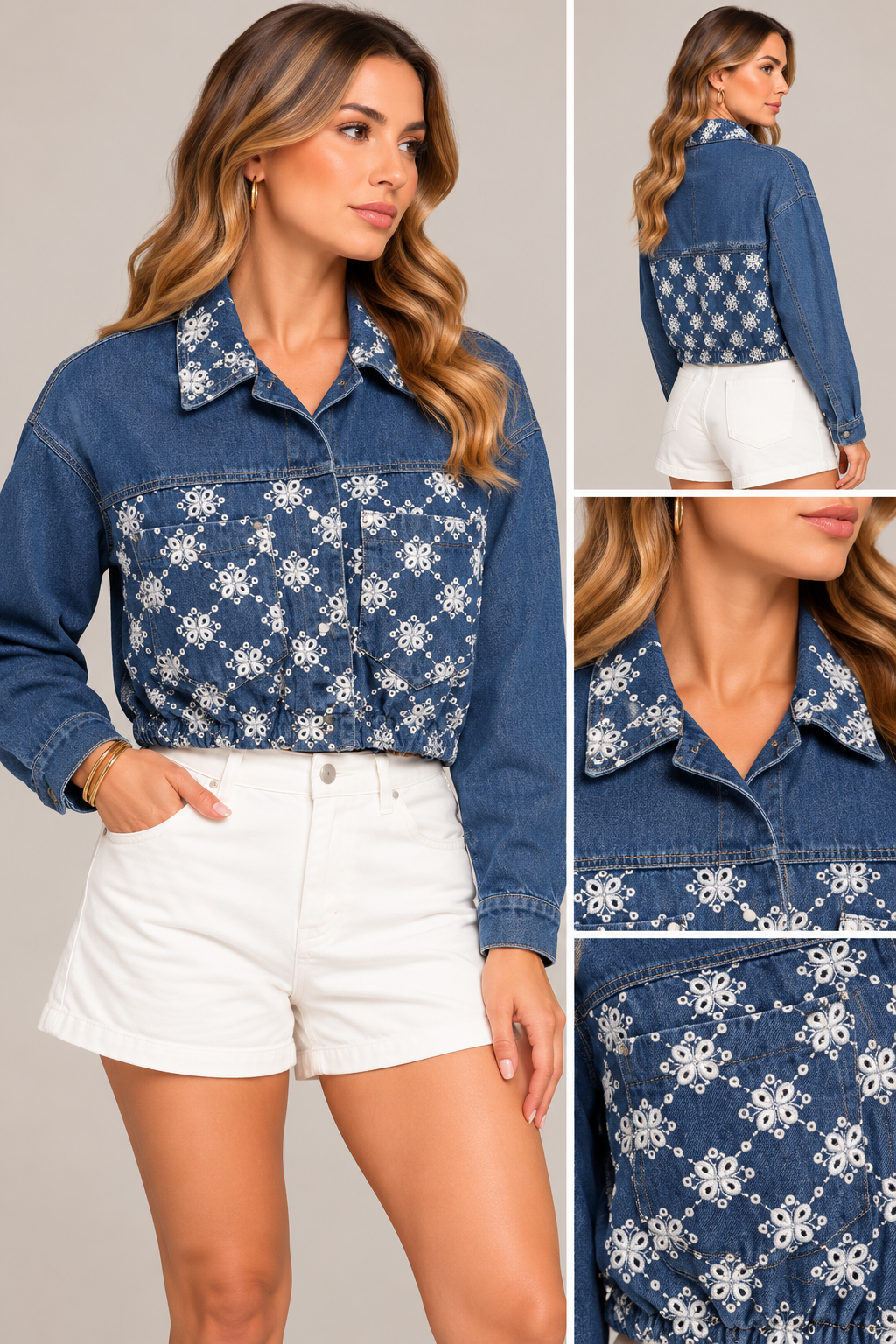 FLORAL EMBROIDERED CROPPED DENIM JACKET