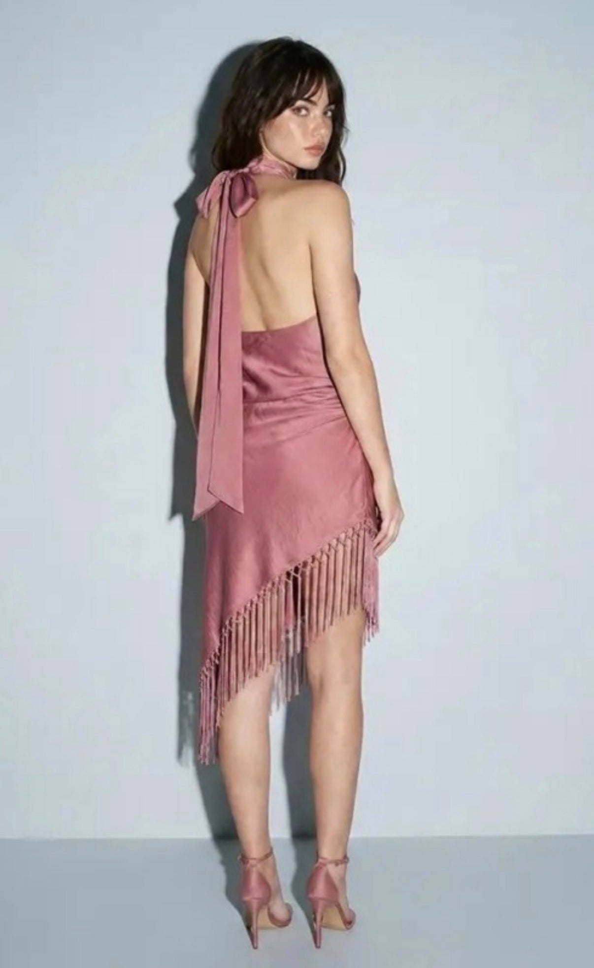 COWL NECK SATIN FRINGE MIDI DRESS